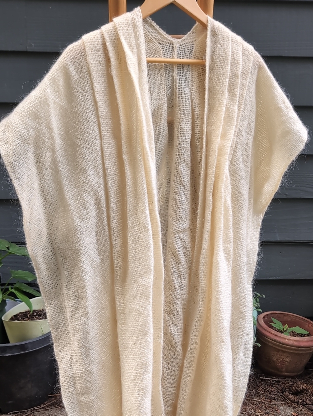 Fringe Pleated Woven Wool Shawl Vintage Cream Open Knit Sweater